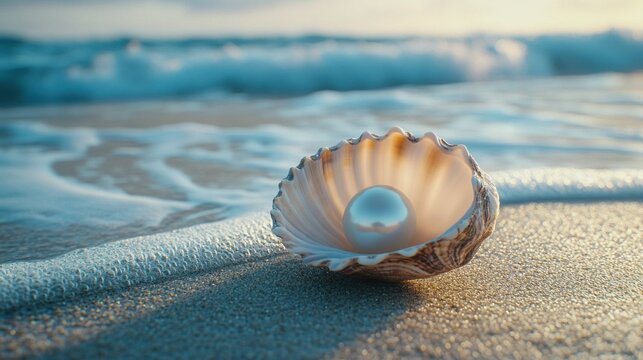 Pearl in seashell on beach.