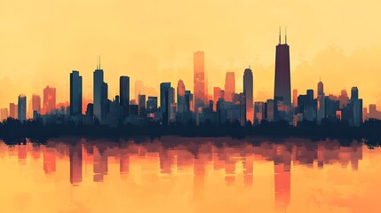 Obraz premium Vibrant Sunset Cityscape Reflected in Serene Waters of Urban Metropolis