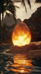 A glowing sun egg in an oasis.