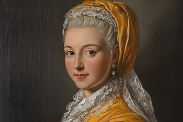 An oil painting of the head and shoulders portrait of an aristocratic woman in yellow with white hair, wearing a lace veil 1