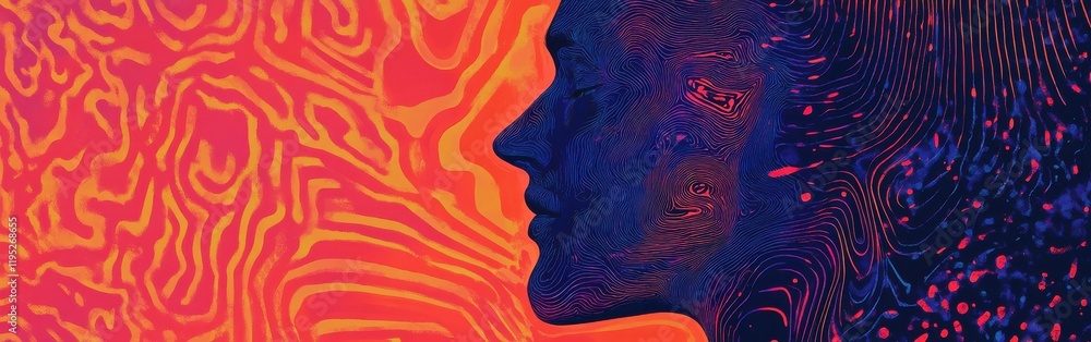 Poster Mystical profile of a man featuring vibrant geometric patterns and glowing contours in a world of complexity
