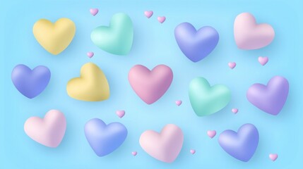 3D Pink and Pastel toned Hearts Frame on Minimalist soft blue Background, Romantic Valentine’s Day Design