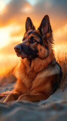 Regal German shepherd at sunset.