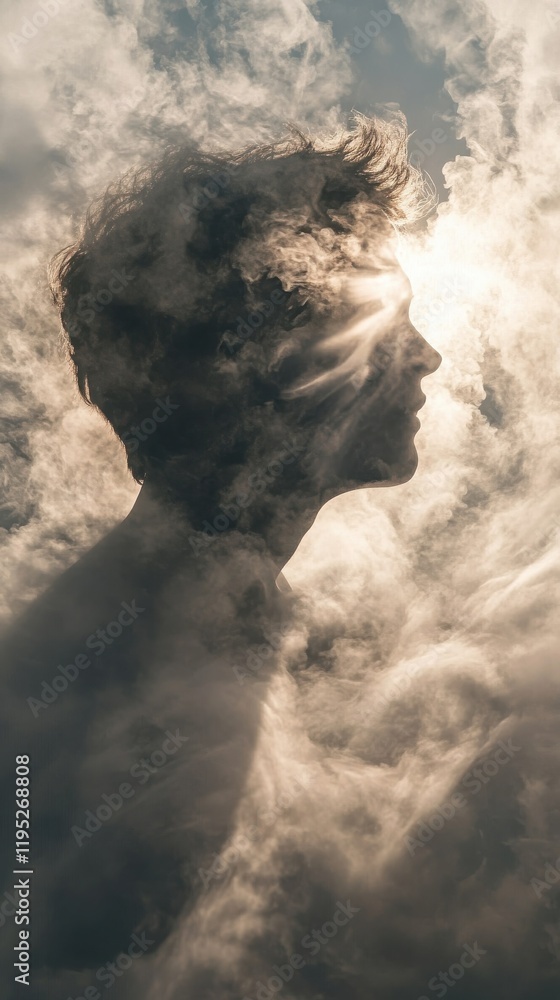 Poster mystical man's profile illuminated by beams of light through fog in a serene atmosphere