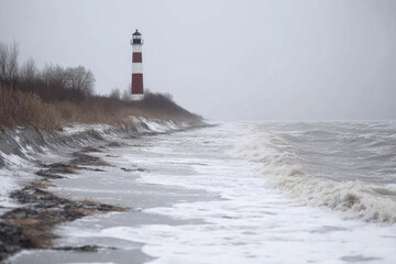 Obraz premium A lighthouse is on a beach with a snowy shoreline