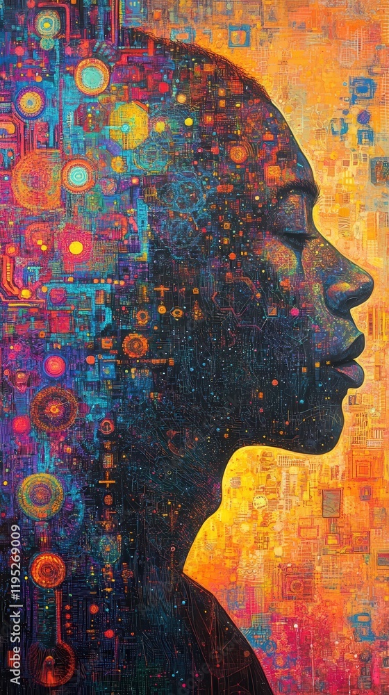 Poster mystical profile of a man filled with glowing geometric patterns and vivid colors