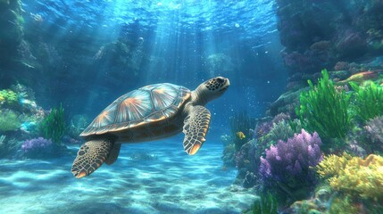 Fototapeta premium Elegant sea turtle moving gracefully in clear ocean waters, surrounded by coral reefs teeming with marine life, sunlight sparkling from above