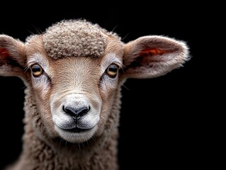 A close up of a sheep's face with a black background
