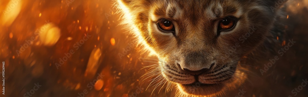 Poster close-up of a lion cub's face capturing its curious amber eyes and soft fur in warm golden light