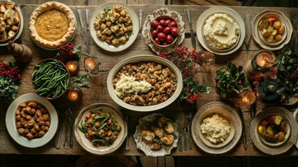 Fototapeta premium A Thanksgiving meal spread with various dishes, including stuffing, mashed potatoes, green beans, and pies, all arranged on a rustic table