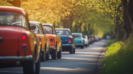 Colorful classic cars driving through picturesque countryside during spring rally event