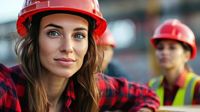 A smart woman in a hardhat with a level supervises workers laying beams, ensuring all elements are perfectly aligned
