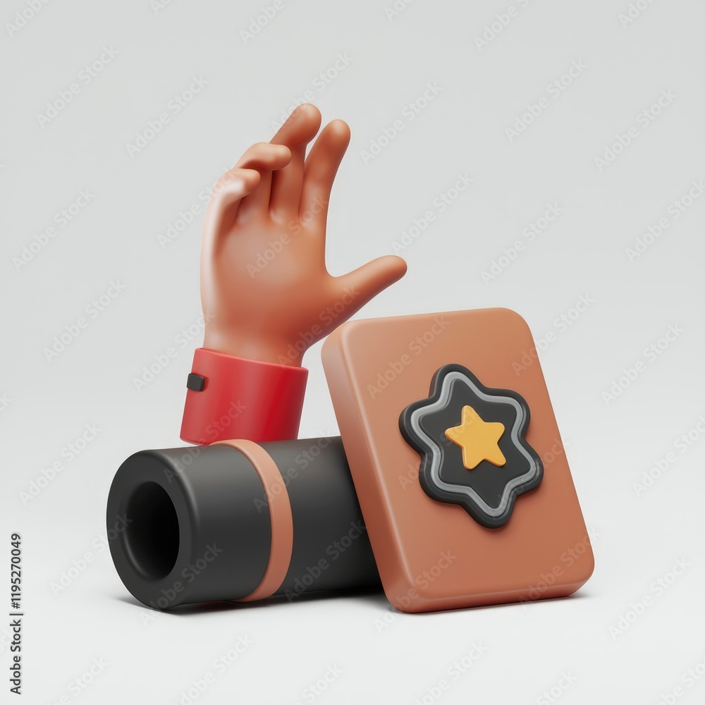 Poster 3d rendering of a hand presenting a star-shaped award on a brown object.