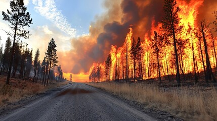 Obraz premium A fire burns in the distance behind a dirt road in a forest