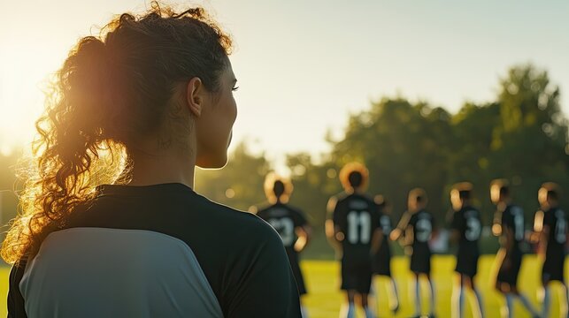 Young Woman Watches Soccer Players Practice Outdoors