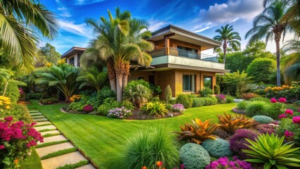 Fototapeta premium A lush green garden with a variety of colorful flowers and trees surrounding a cozy modern house surrounded by tall palm trees, plants, outdoor space