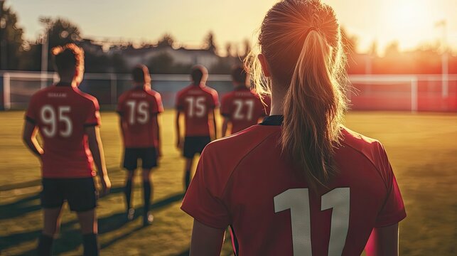 Female Soccer Player Back View Teammates Sunset