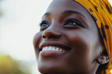 Close-up portrait of a beautiful Black woman smiling with perfect teeth, wearing a head scarf 1