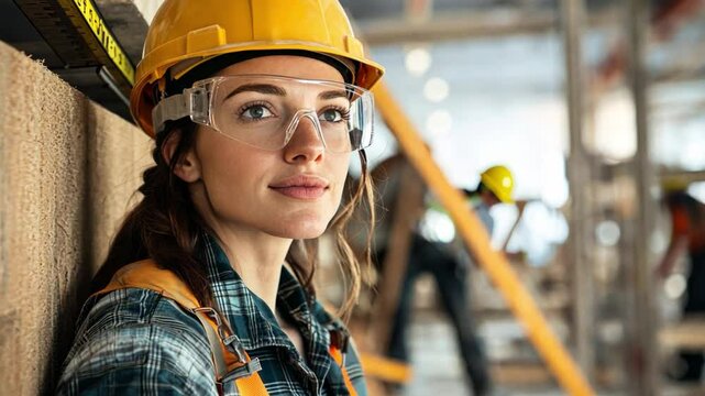 A smart woman in a hardhat with a level supervises workers laying beams, ensuring all elements are perfectly aligned