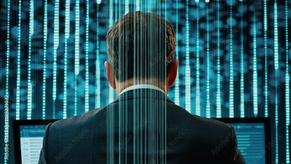 Poster person in suit working on computer surrounded by digital data streams