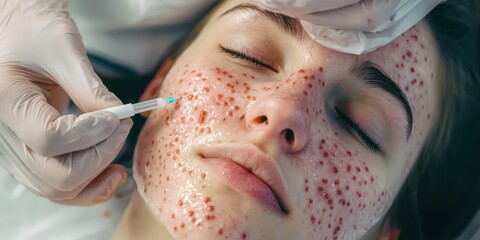 A woman receiving an acne treatment with specialized products applied to her face.