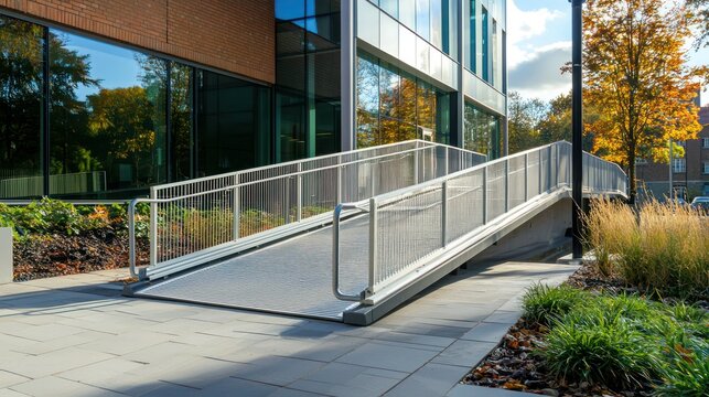 A wheelchair ramp leading up to a modern building entrance, showing universal accessibility