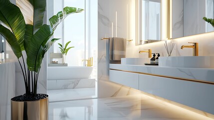 Bathroom Remodeling Ideas. A modern bathroom featuring sleek design, natural light, stylish fixtures, and greenery, creating a serene, elegant atmosphere.