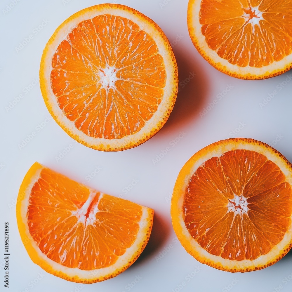 Poster fresh orange wedges arranged neatly on a white background showcasing vibrant colors and textures