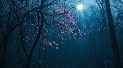 Night forest scene; blooming tree, moonlit fog.