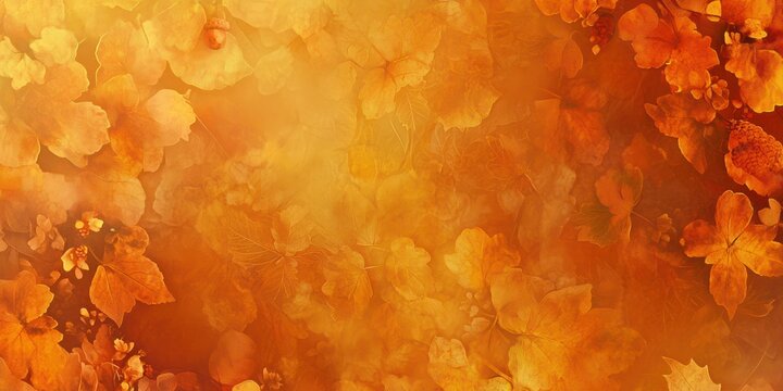Abstract Thanksgiving background with a blend of orange, brown, and yellow hues, incorporating subtle motifs like leaves, acorns, and fall flowers