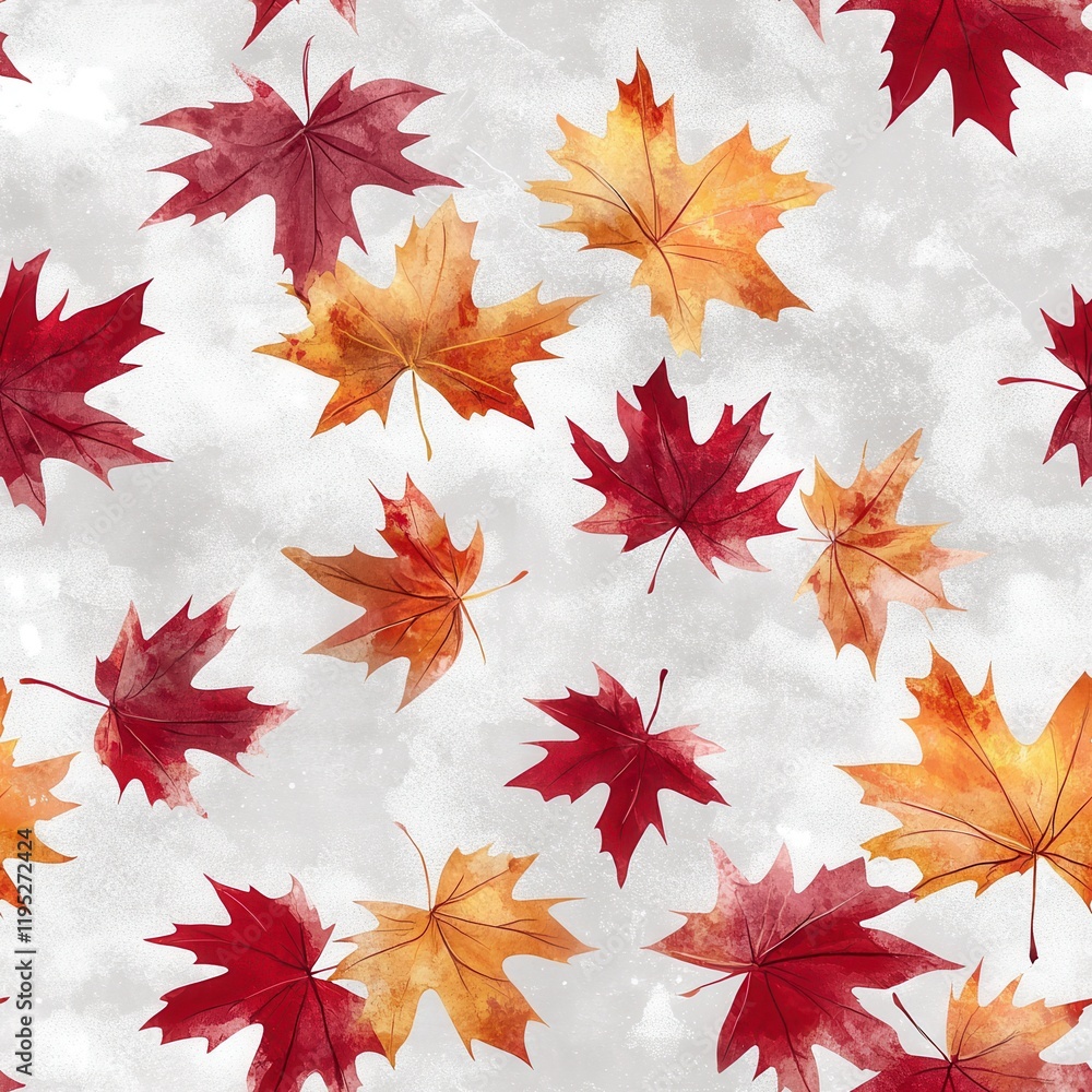 Poster dynamic watercolor pattern of swirling maple leaves in shades of crimson and gold on a soft gray was