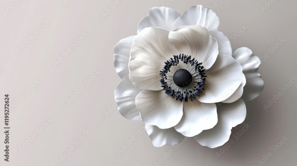 Poster A pristine white anemone with deep black centers, floating in photorealistic 3D above a light gray background