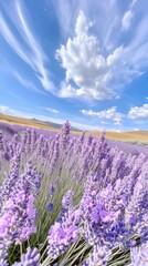 Obraz premium Lavender flowers bloom abundantly in a vast field beneath a bright blue sky