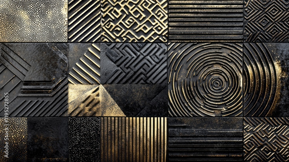 Poster a stunning display of intricately designed geometric patterns in a variety of textures and colors co