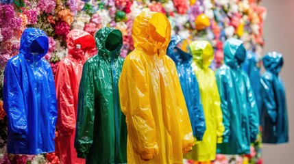 Fototapeta premium Eco-friendly raincoats made from recycled materials displayed in a colorful spring setting showcasing sustainability and fashion