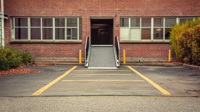 An accessible parking space with a ramp leading to a nearby building entrance