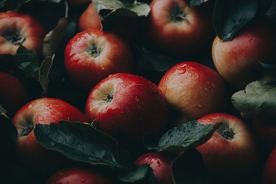 A close-up shot of red apples, captured from above in the style of minimalist photography with soft lighting 2