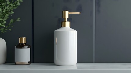 Obraz premium Luxurious Minimalist Bathroom Interior with Black White and Gold Details