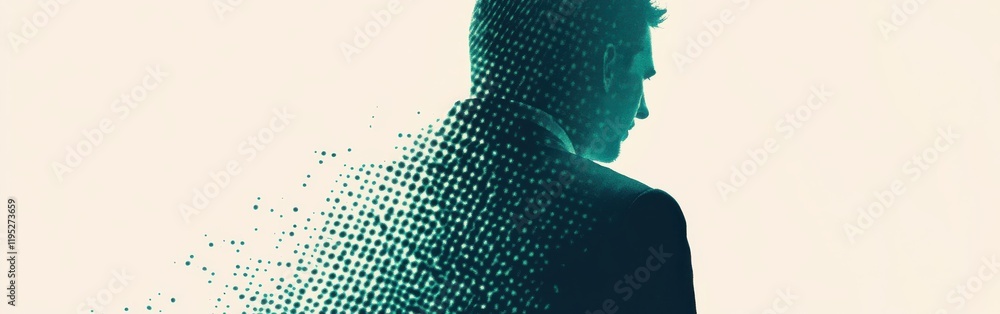 Poster cool halftone composition showcasing a figure with teal and dark emerald green fading into a neutral