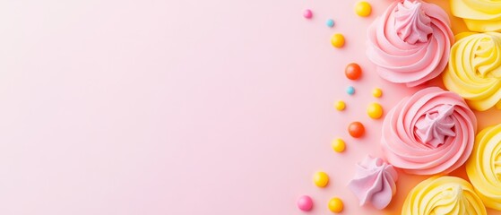 Rainbow cupcakes with swirled, creamy frosting and colorful sprinkles, creating a sweet and celebratory atmosphere full of fun and delight