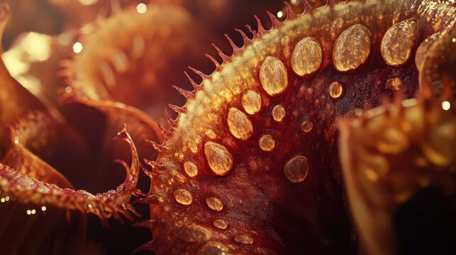 Close up of a Venus flytrap with water droplets, textured surface, and spiky edges