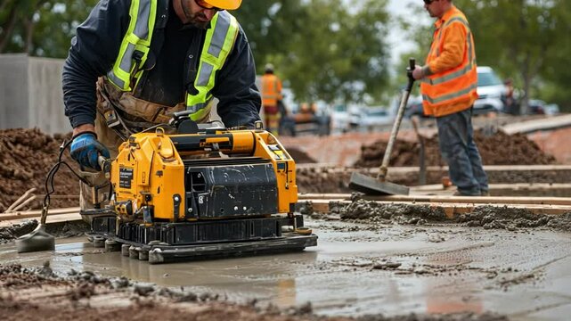 A vibrator operator on concrete smooths the surface for a foundation, using advanced tools to ensure even coverage