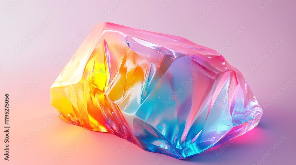 Poster a realistic 3d jelly cake in the shape of a crystal prism, reflecting light and showing intricate in
