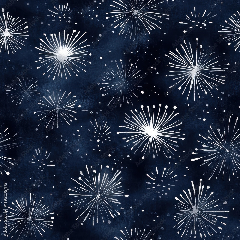 Poster doodle cartoon watercolor pattern featuring calming fireworks on a dark canvas with muted colors