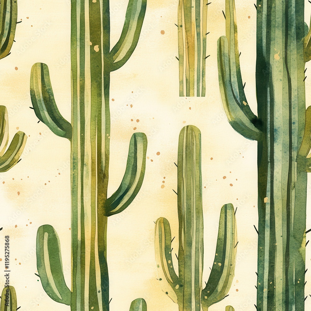 Poster Enjoying a playful watercolor pattern of tall cacti set against a soft sandy backdrop, perfect for creative projects and vibrant designs