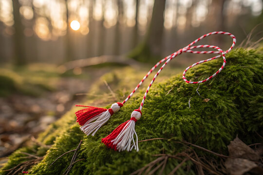 Baba marta tradition with whimsical red and white martenitsa on mossy landscape.