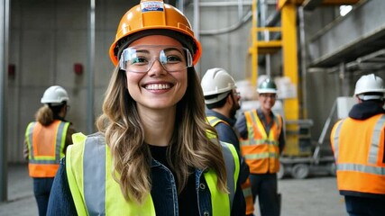 A woman engineer mentors a group of new hires, teaching the basics of technology in construction and teamwork