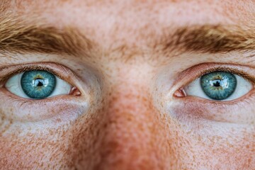 Fototapeta premium Close-up of a man's eyes, with ginger hair and blue-gray colored eyes, looking directly at the camera 1