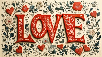 Obraz premium Beautiful typography of the word â€˜Loveâ€™ in red, surrounded by delicate heart patterns and floral accents