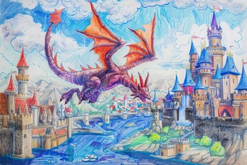 A vibrant illustration of a dragon flying over a majestic castle landscape with mountains and a river.